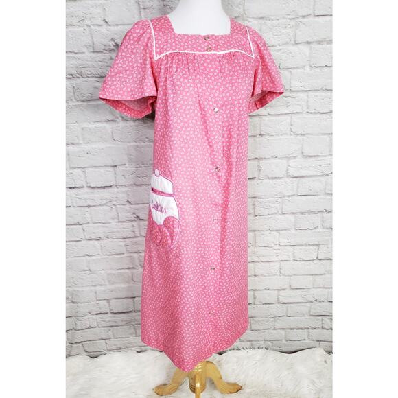 VTG Pink White Floral House Day Dress Pearl Snap Front Short Sleeve Pocket Sz S - Picture 7 of 14